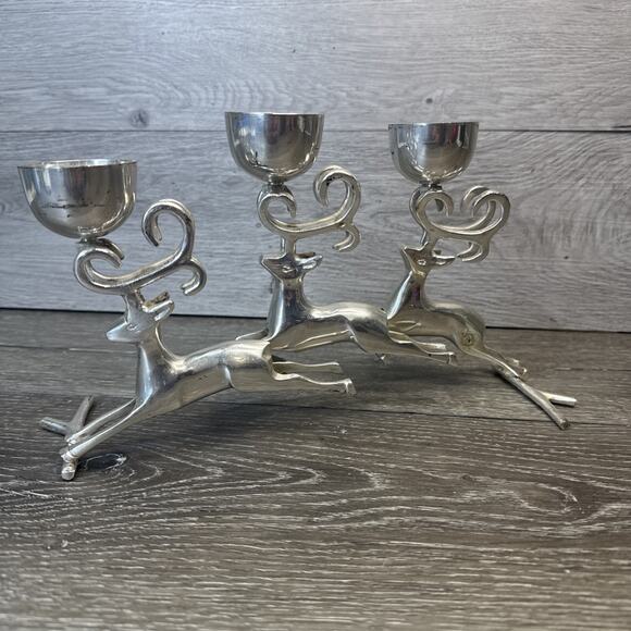 VTG 3 Silver Reindeer Deer Bucks Antler 3 Tea Light Candle Holders Candelabra - Picture 1 of 10
